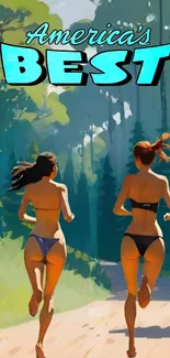 Two women running on a forest trail in artistic style.