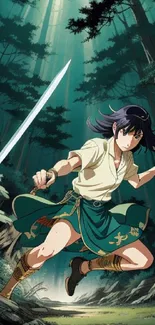 Anime warrior poised in a lush forest, ready for action.