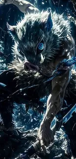 A fierce forest warrior with blue eyes and animal features in a dynamic pose.