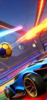 Futuristic car in neon-lit soccer arena