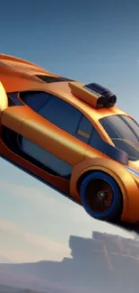 Futuristic orange car soaring through the sky in a vibrant, dynamic wallpaper.