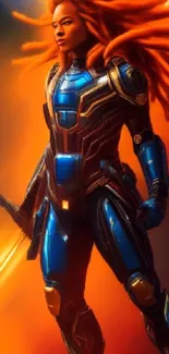 Futuristic warrior in vibrant orange and blue armor.