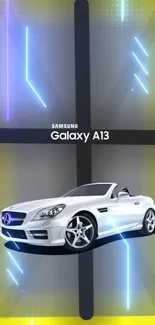 Galaxy A13 wallpaper featuring a sleek car with neon effects and yellow highlights.