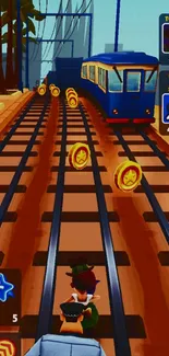 Dynamic game scene with railway tracks and trains.