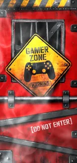 Gamer Zone sign on a rustic red door with a warning label.