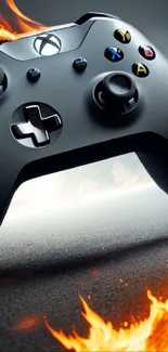 Gaming controller with fiery details on mobile wallpaper.