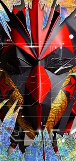 Geometric mask with red and black patterns on artistic wallpaper.