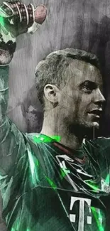 Artistic wallpaper of a goalkeeper with green abstract accents.