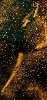 Dynamic dancer in golden hues, leaping with energy and grace on a dark background.