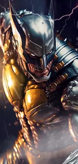 Superhero in dynamic gold and metallic armor with a powerful pose.