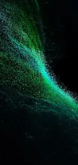 Dynamic green abstract wallpaper with swirling particles on a dark background.