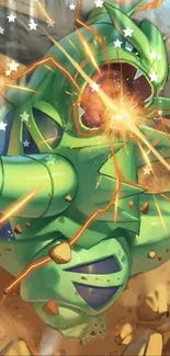 Vibrant green anime creature with dynamic energy bursts on mobile wallpaper.