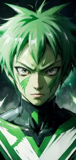 Green-haired anime warrior with fierce expression, dynamic and stylish design.