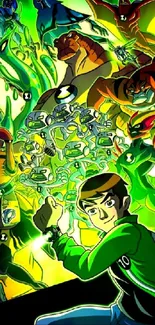 Colorful cartoon characters with green glow in action-packed scene.