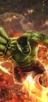 Green giant emerging from fiery background on mobile wallpaper.