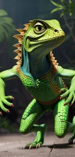 Realistic green lizard in jungle-themed wallpaper.