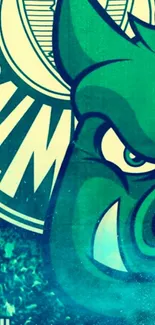 Green mascot with fierce expression on dynamic phone wallpaper.