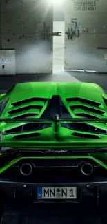 Stunning green supercar in an industrial setting wallpaper.