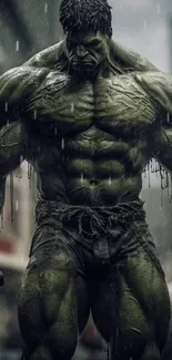 Powerful green superhero standing in rain, showcasing strength and intensity.