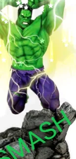 Green superhero smashing rocks with electric energy.