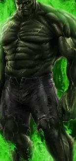 Green superhero with muscular build and powerful presence.