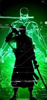 Silhouette of a warrior in green background holds swords, creating an iconic mobile wallpaper.