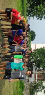 Group of friends enjoying outdoor activity in a lush green setting.