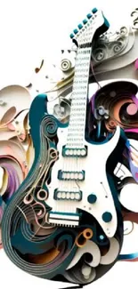 Colorful guitar art with dynamic swirls on phone wallpaper.