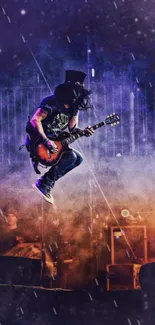 Guitarist energetically jumps during a live concert with vivid stage lighting.