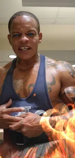 Muscular athlete in gym surrounded by flames.