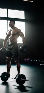 Muscular man lifting dumbbells in dark gym setting.