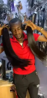 Man holding long hairpieces in a vibrant hair store.