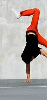 Athlete performing a handstand with red pants on a gray concrete background.