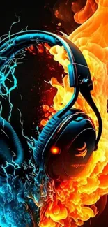 Dynamic headphone art wallpaper with electric blue and fiery orange effects.