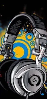 Vibrant headphones art wallpaper with blue and yellow splashes.