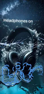 Artistic headphones submerged in water, creating a dynamic mobile wallpaper.