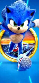 Sonic the Hedgehog jumps through a golden ring on a vibrant blue background.