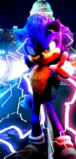 Blue hedgehog in action against cityscape background.