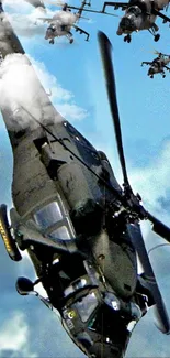 Military helicopters soar across a blue sky, creating a dynamic and adventurous scene.