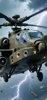 Military helicopter flying through lightning storm with dynamic presence.