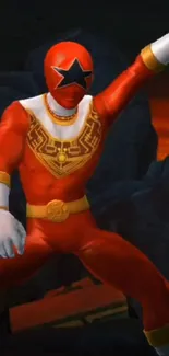 Red suited hero in dynamic action pose.