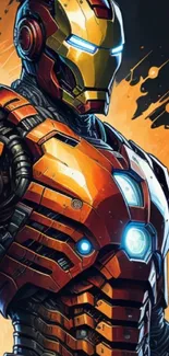 Dynamic hero in orange armor against vibrant background.