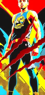 Dynamic superhero comic art wallpaper with vibrant red and black colors.