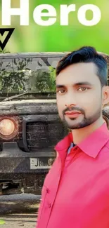 Young man in red shirt with black jeep and green background.