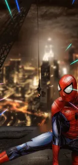 Superhero perched above a vibrant city skyline at night with colorful highlights.