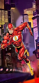 Dynamic superhero in vibrant cityscape art wallpaper.