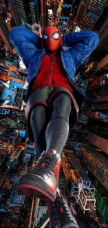 Superhero relaxes above vibrant cityscape in blue and red costume.