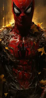 Superhero amidst autumn leaves and vibrant web patterns.