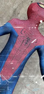 Dynamic hero in red and blue suit on textured background.