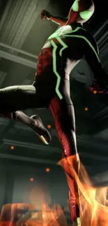 Superhero in a black suit with green accents, leaping over flames.